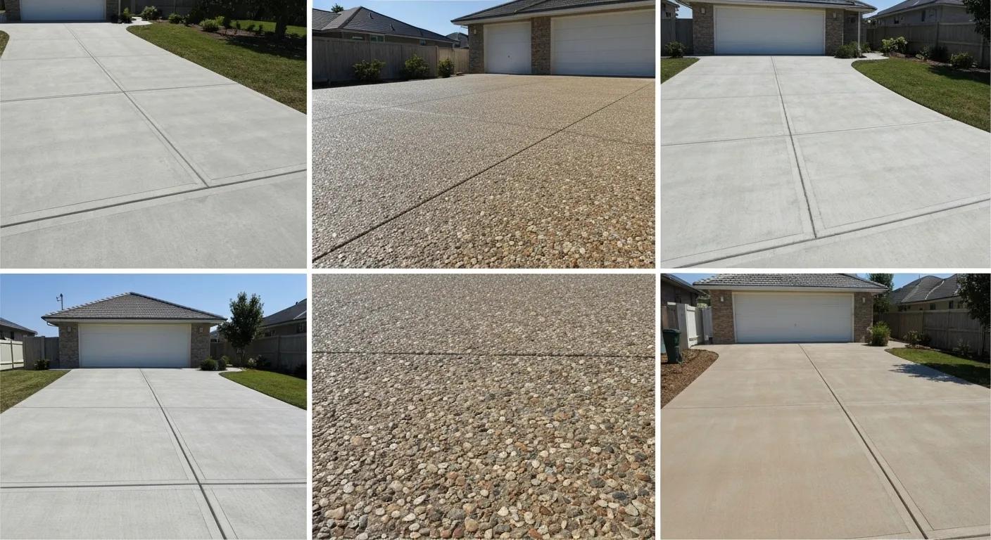 Different types of concrete driveways showcasing textures of plain, exposed aggregate, and coloured finishes