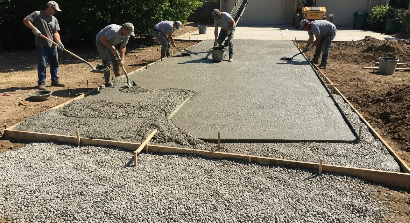Workers installing a concrete driveway, showcasing the preparation, pouring, and teamwork involved in the process