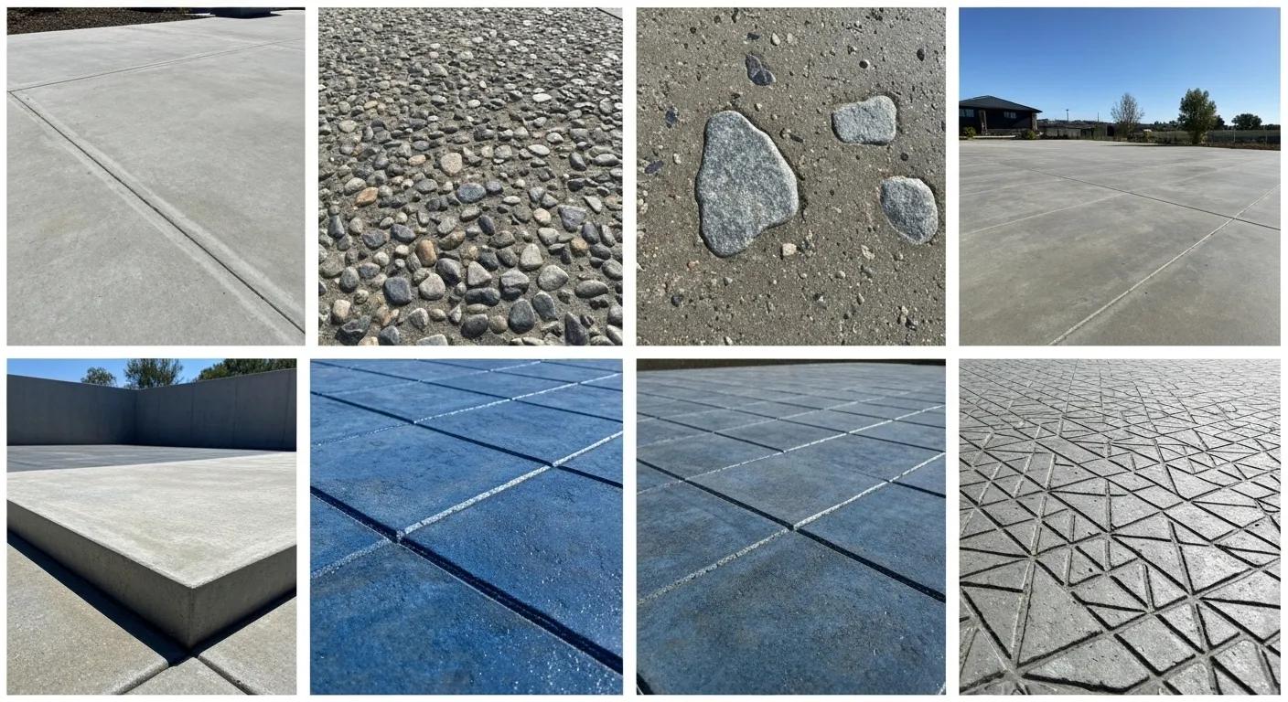 Collage of concrete finishes including plain, exposed aggregate, colored, and stamped concrete, showcasing service variety in Armstrong Creek
