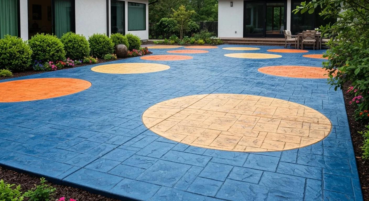 Decorative concrete patio with stamped patterns and vibrant colours in an outdoor living space