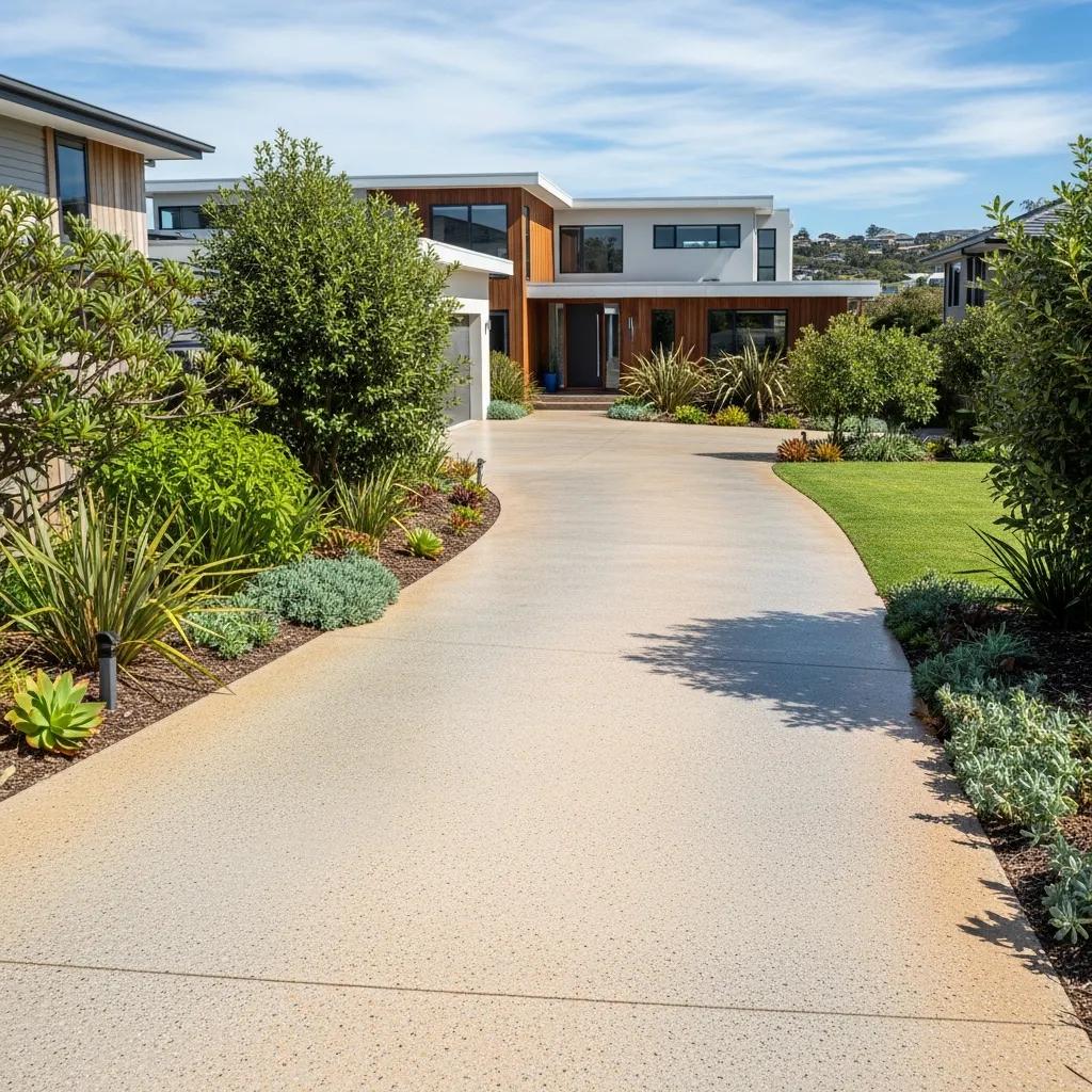 Beautifully finished concrete driveway in a residential setting in Torquay, showcasing decorative concrete aesthetics