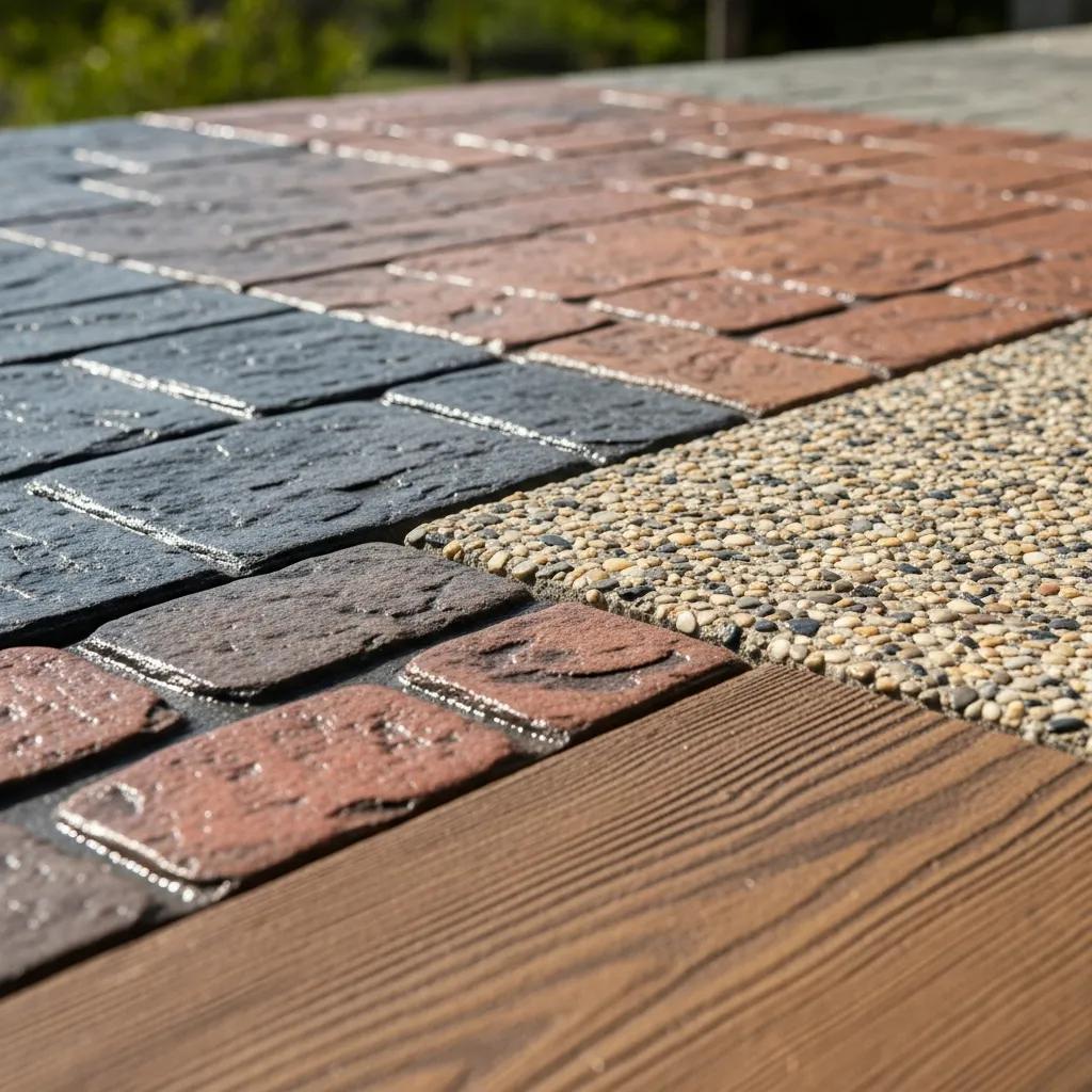 Close-up of decorative concrete options, including stamped and exposed aggregate, showcasing textures and colors