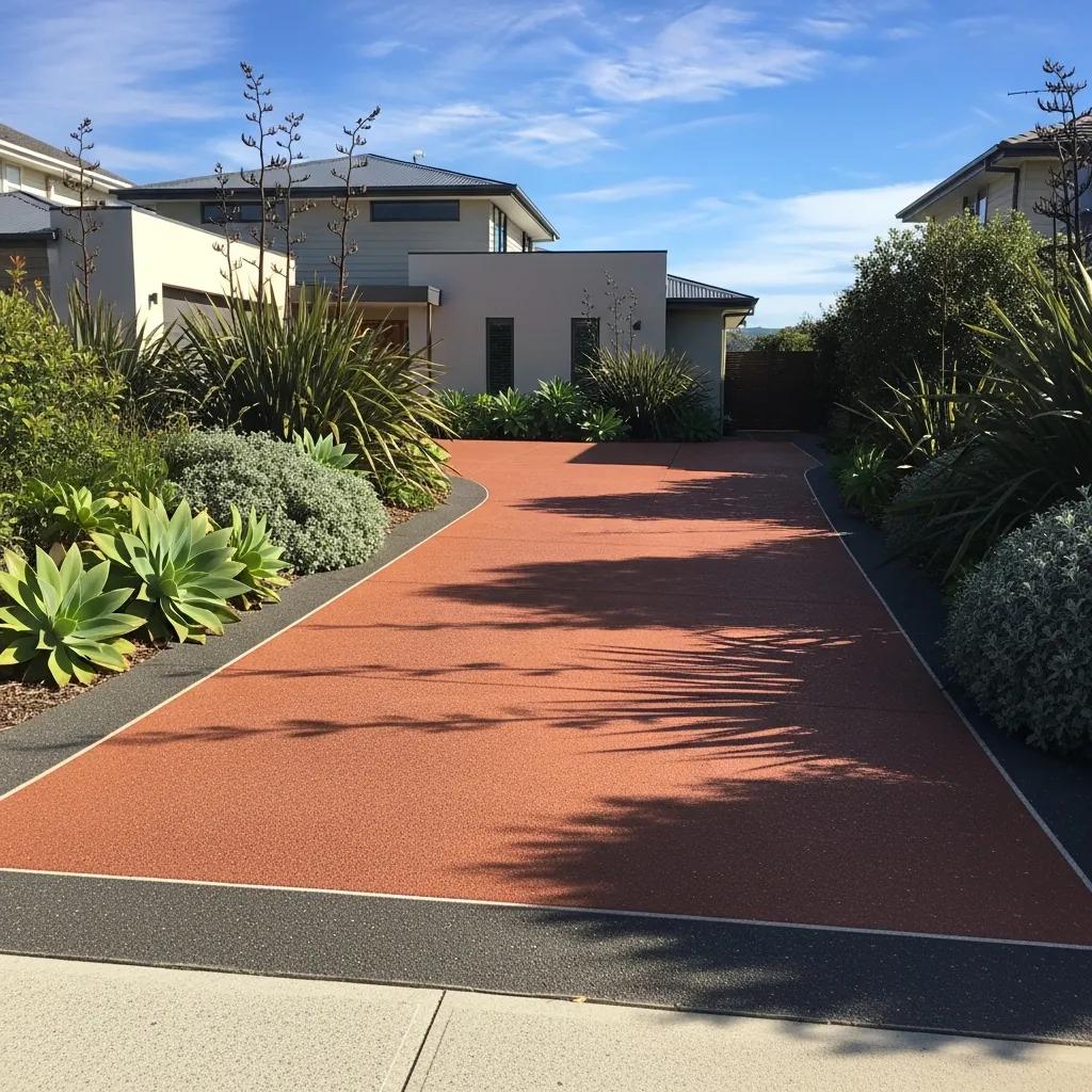 Coloured concrete driveway in Torquay with vibrant pigments and lush landscaping