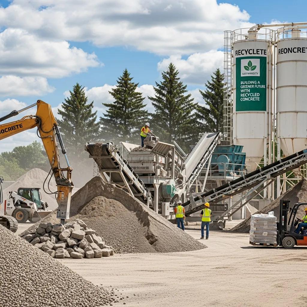 Concrete recycling process at a facility, showcasing sustainable waste management practices