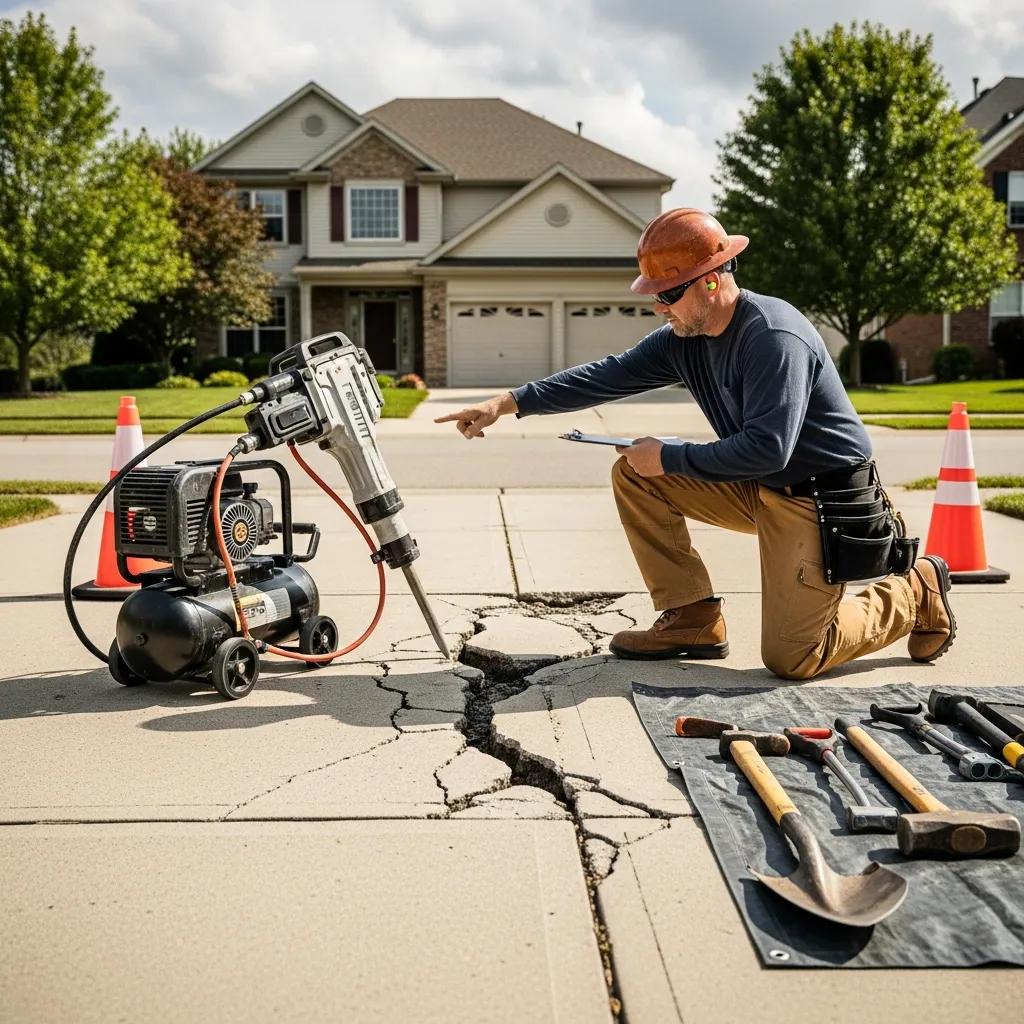 Contractor evaluating a concrete driveway for demolition with tools and safety gear