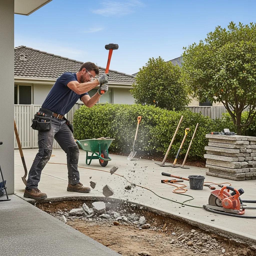 Contractor performing concrete replacement in Torquay, showcasing residential work and tools