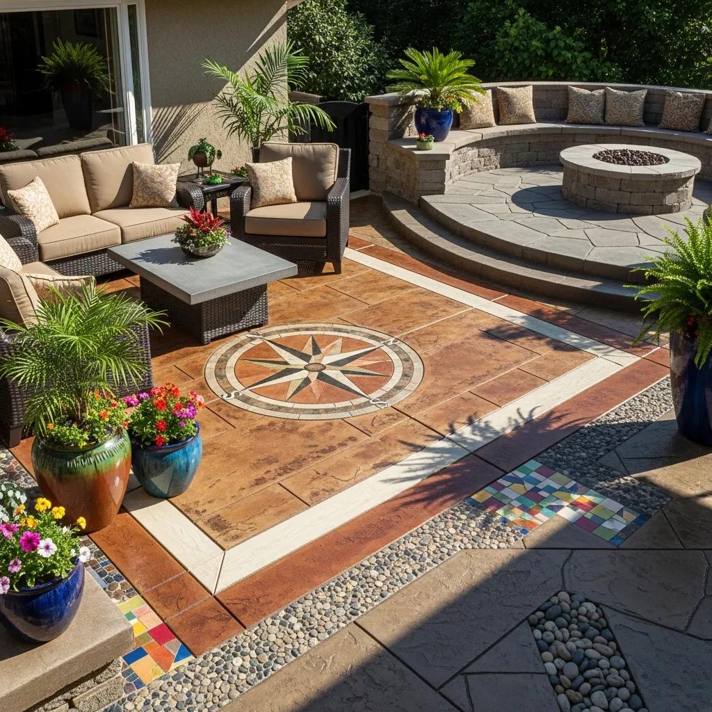Customized decorative concrete patio with unique finishes and patterns