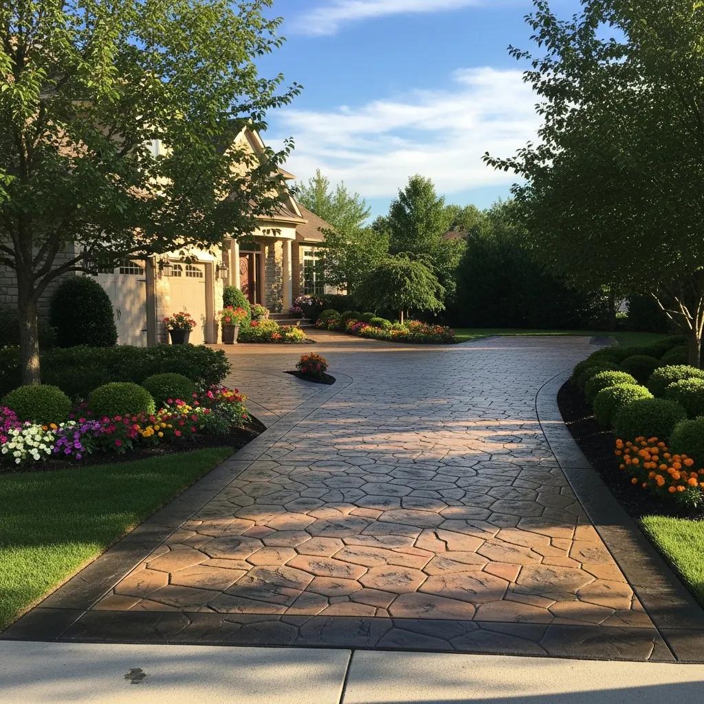 Decorative concrete driveway enhancing residential curb appeal