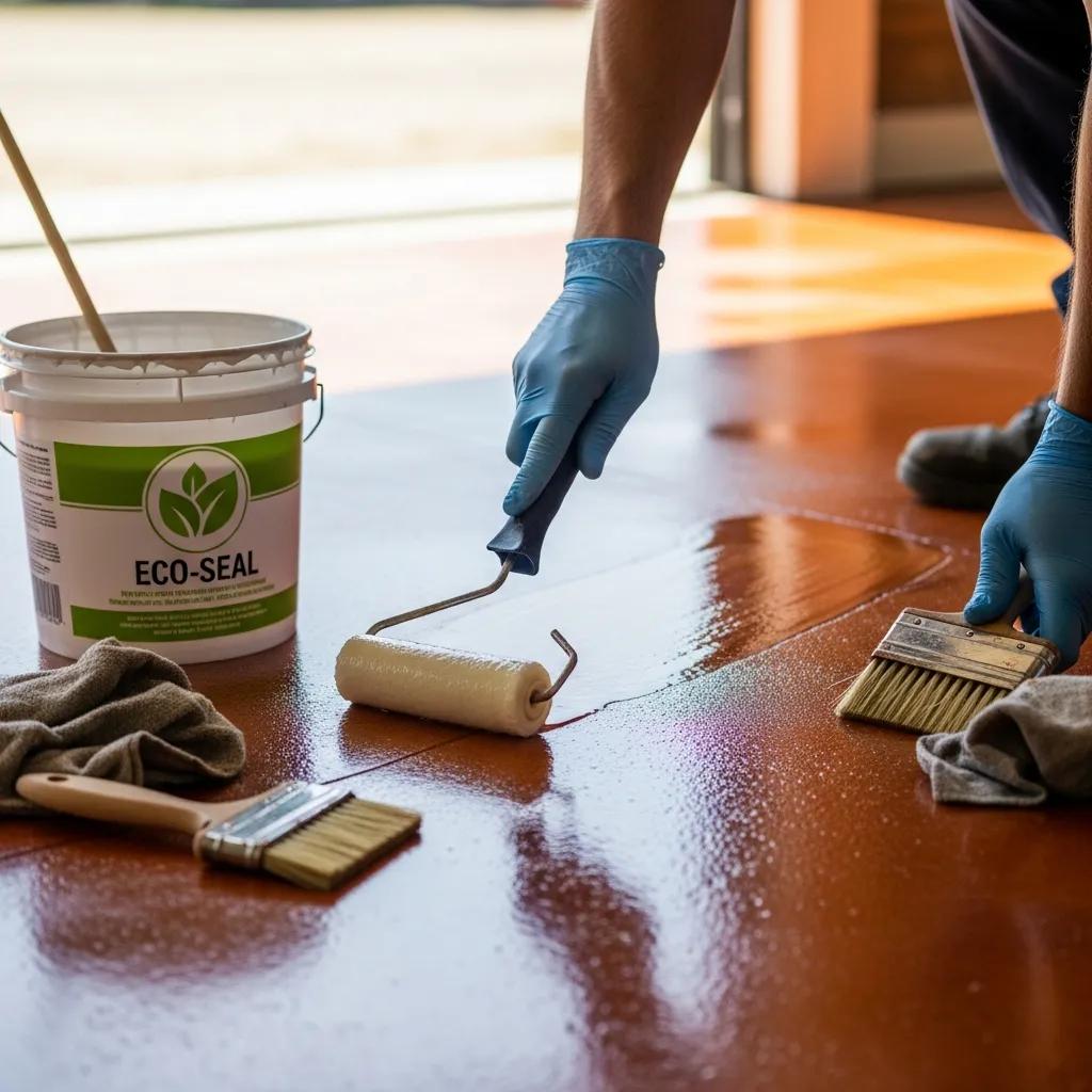 Professional applying eco-friendly sealant to coloured concrete surface