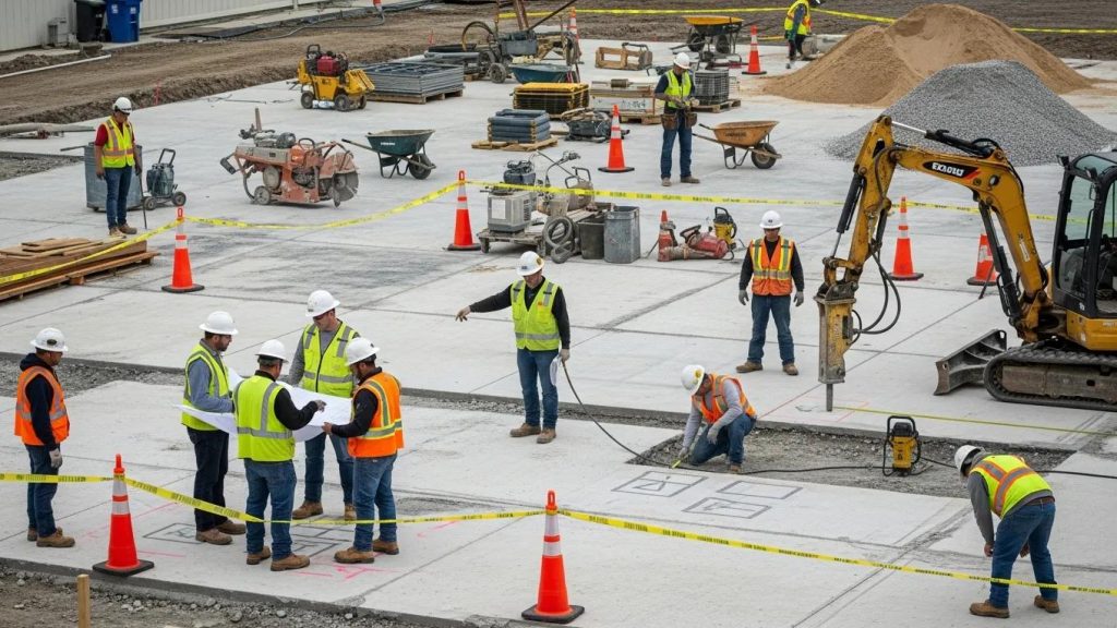 Site preparation for concrete removal with workers assessing the area
