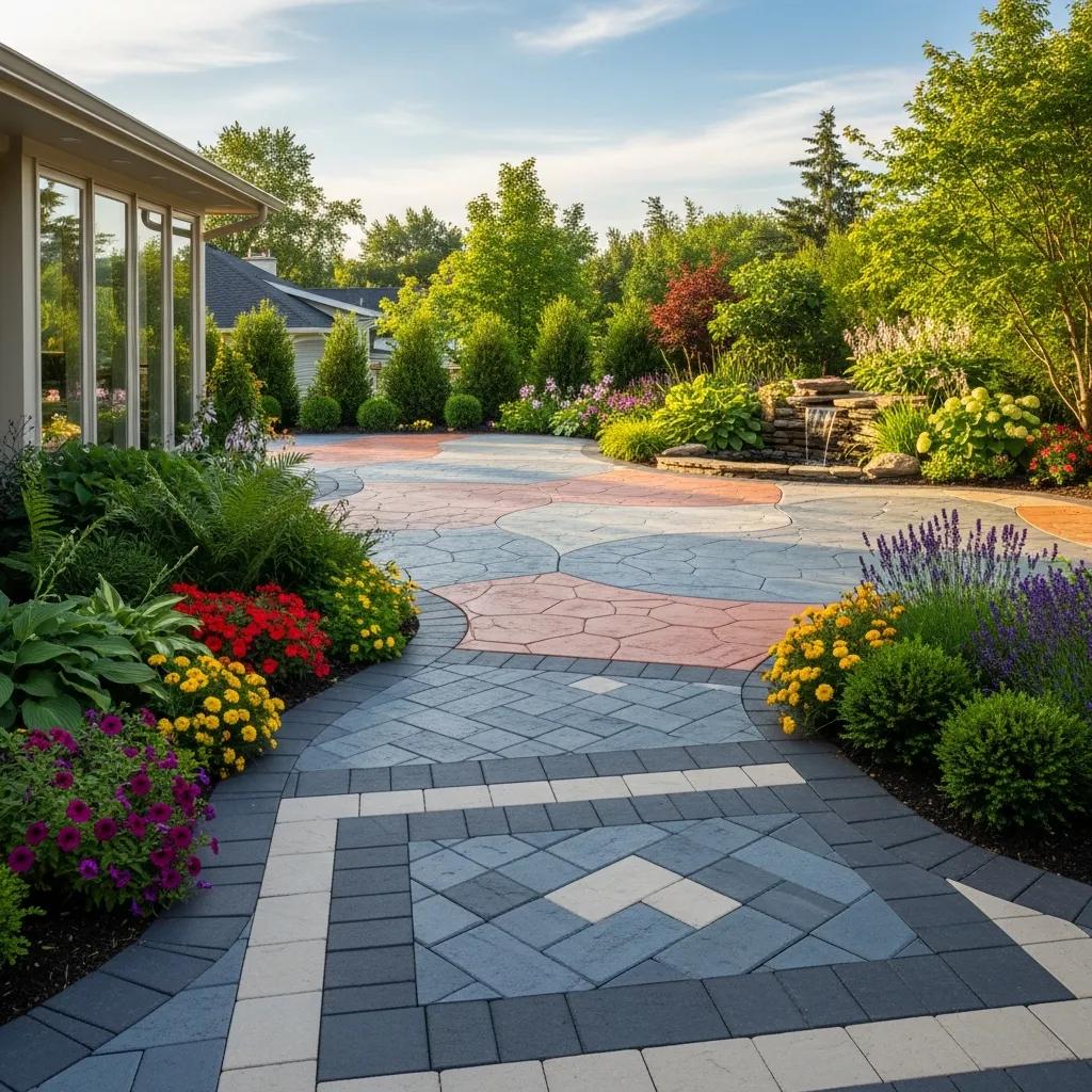 Vibrant coloured concrete driveway and patio enhancing outdoor aesthetics