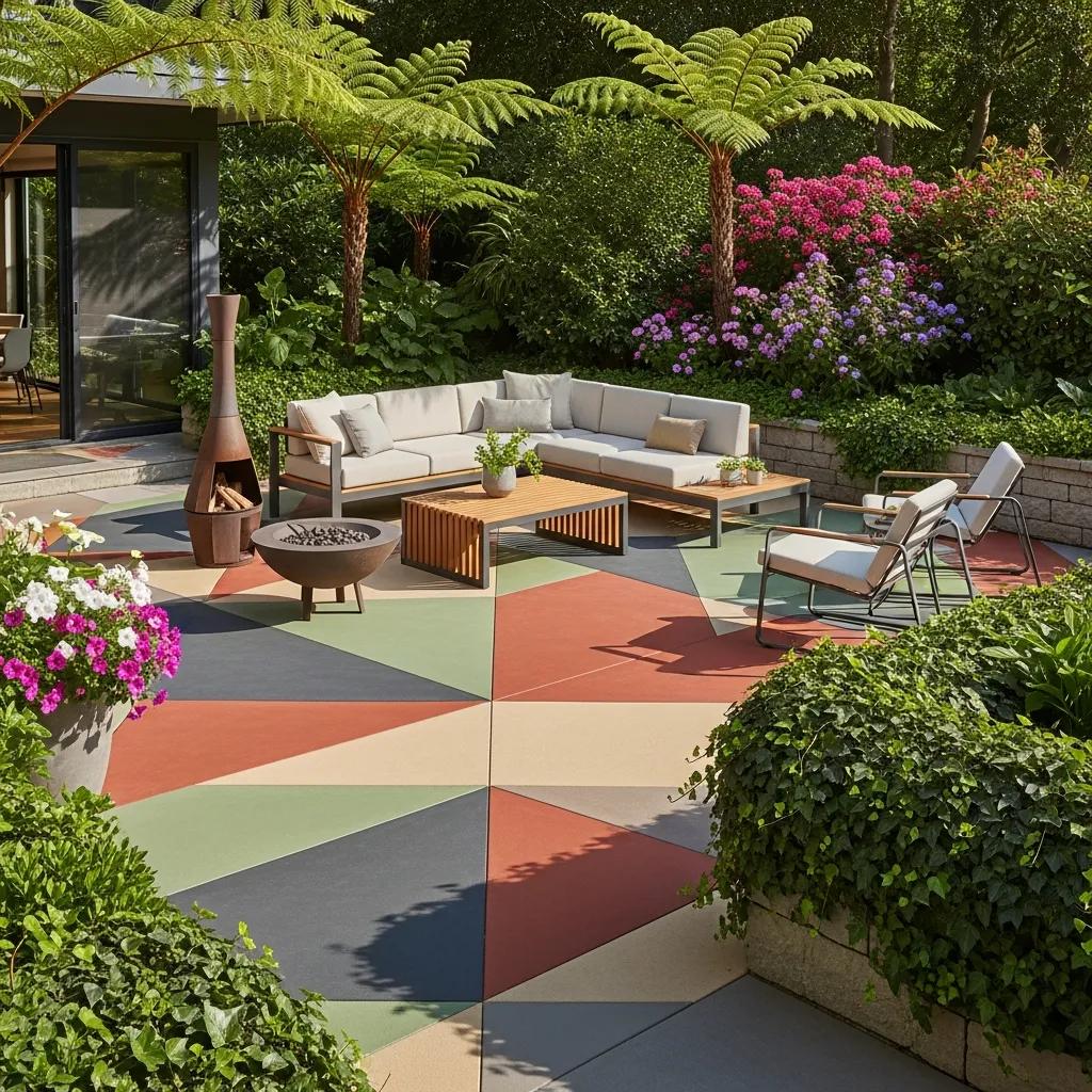 Vibrant coloured concrete patio enhancing outdoor space aesthetics