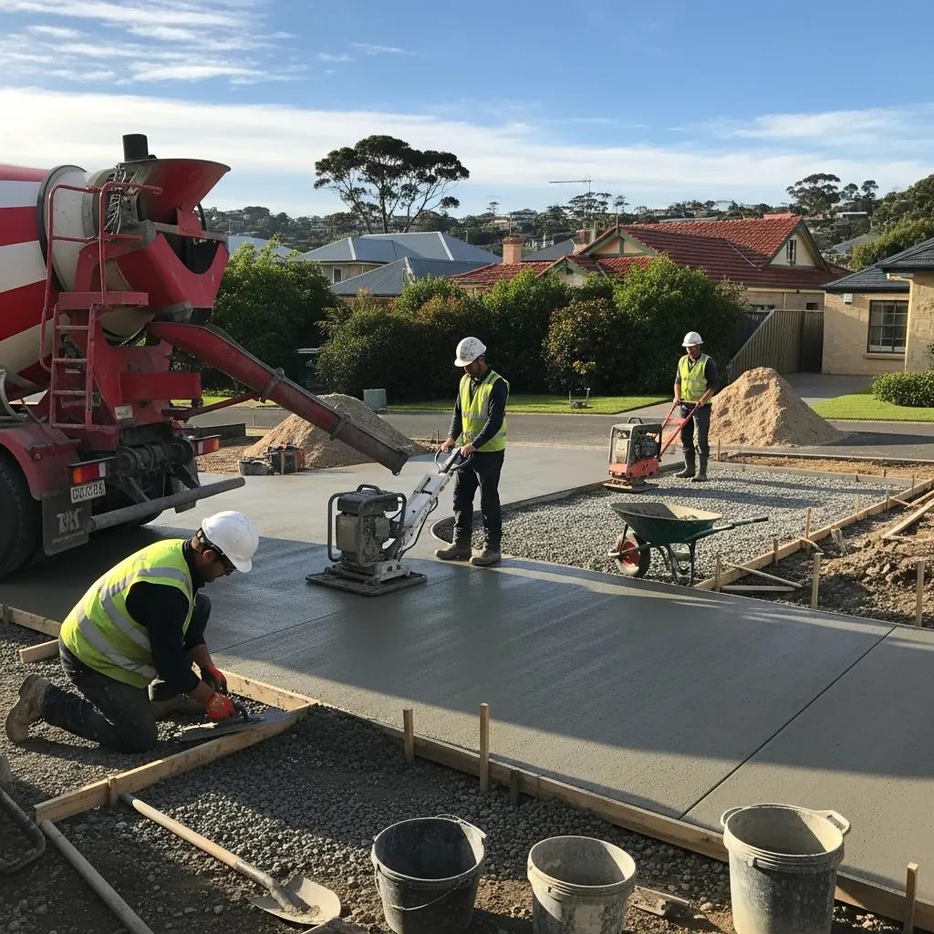 Workers installing a concrete driveway, showcasing the installation process in a residential area in Torquay