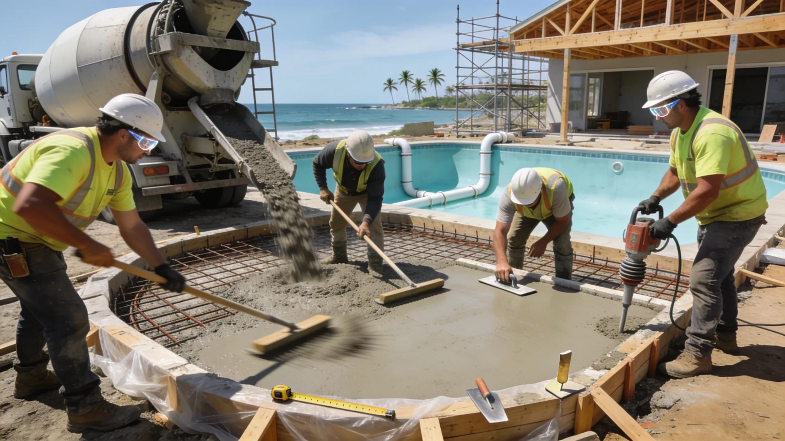 Contractors installing concrete pool surround highlighting local expertise